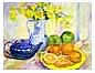watercolor painting blue tea pot and orange