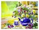 watercolor painting blue tea pot and pansy