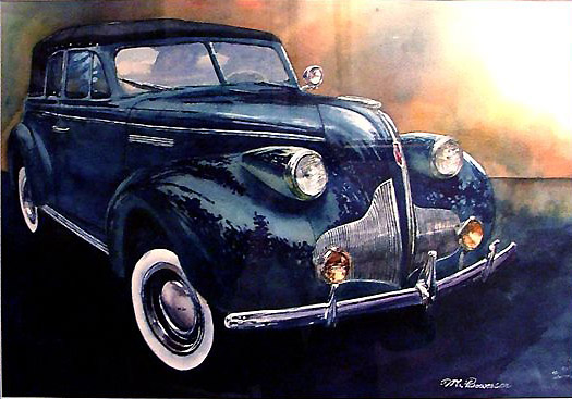 watercolor painting classic blue car